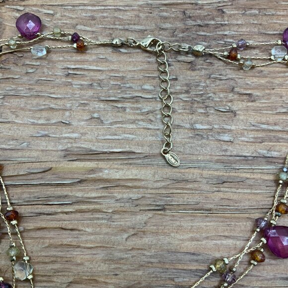 Monet Multi Strands Beaded Faux Amethyst Resin Gold Tone Necklace - Picture 5 of 8